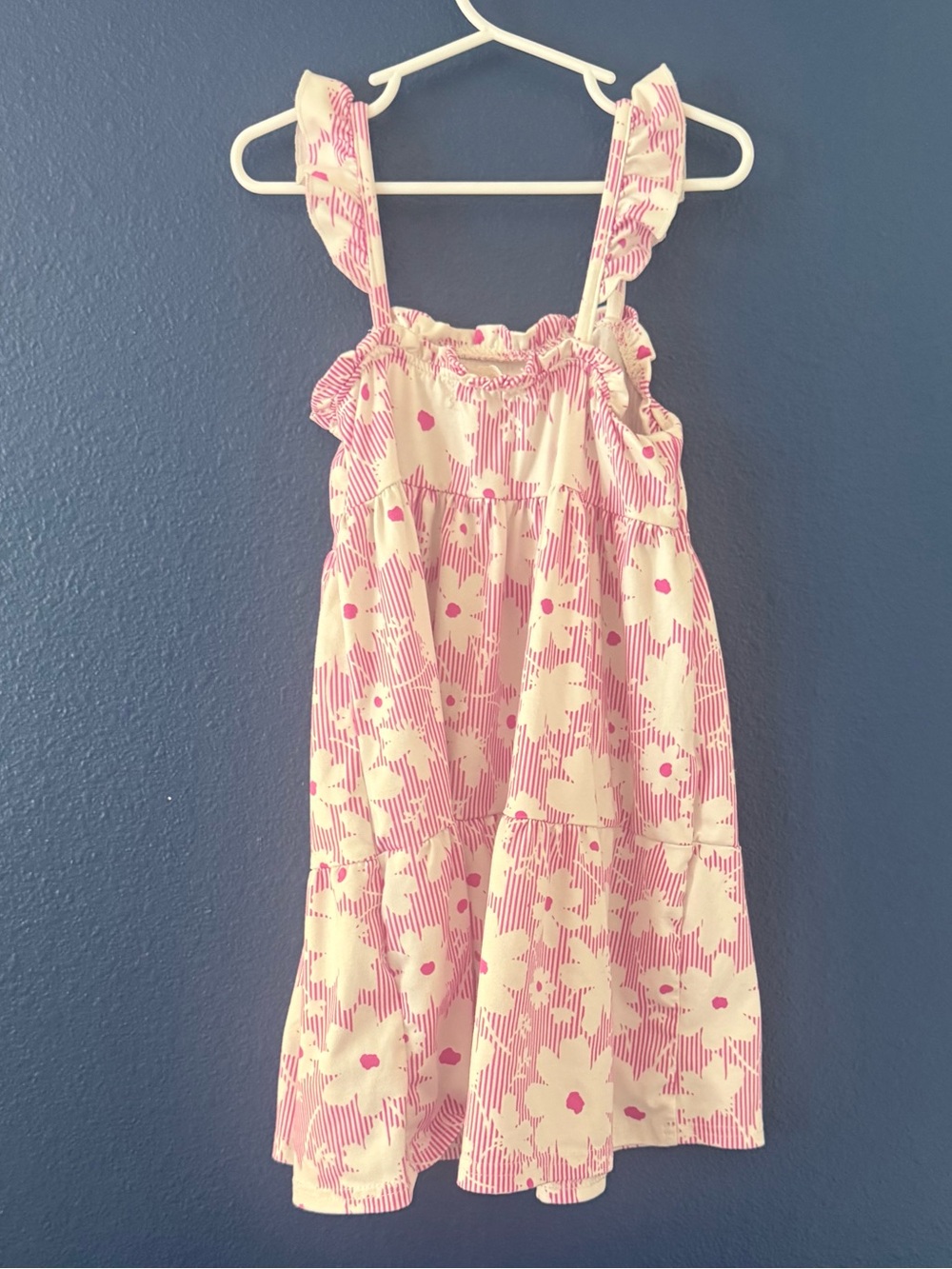 Tween Girls Size 4T Pink Floral Striped Ruffle Tiered Sundress Summer Spring